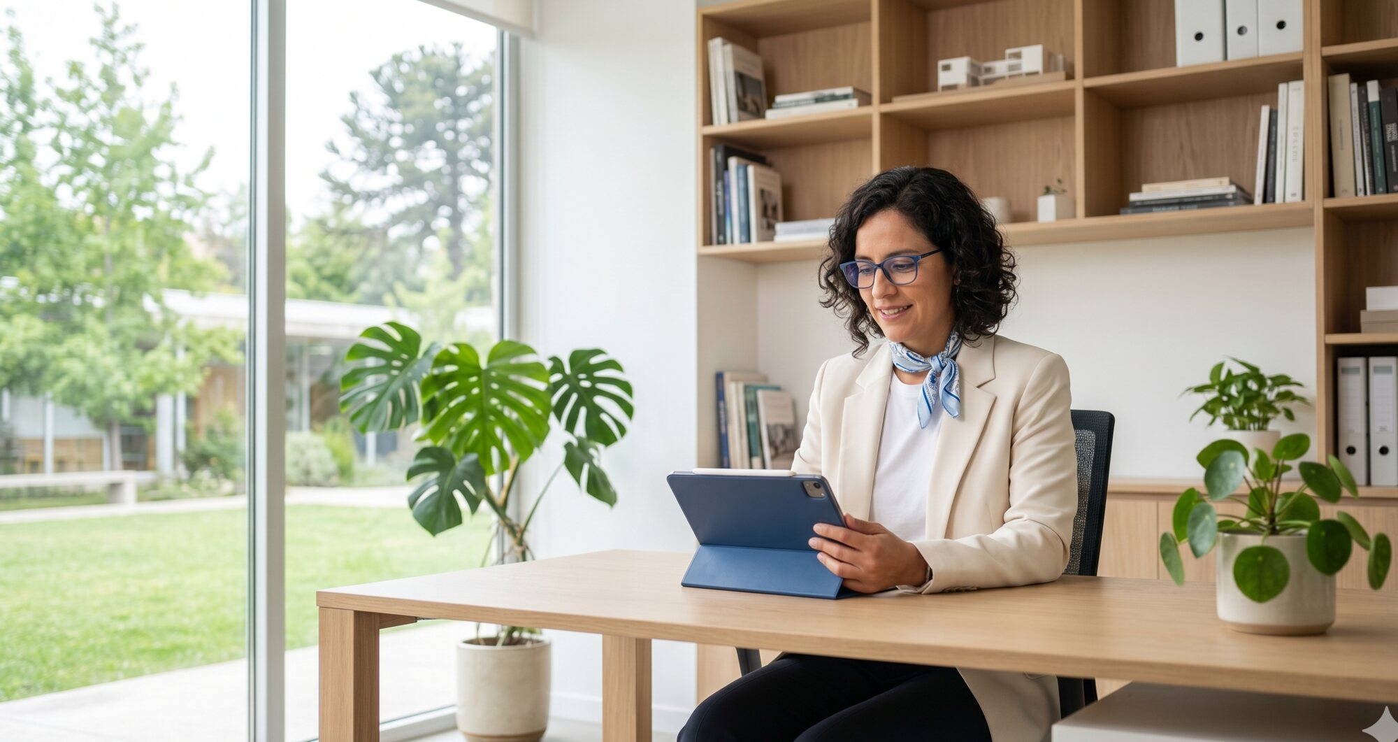 Directora de colegio revisando la plataforma ORBBI en su tablet